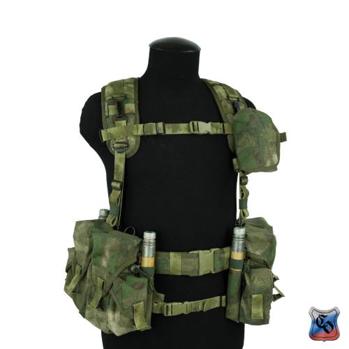 Green tactical vest with multiple pouches on a mannequin against a white background