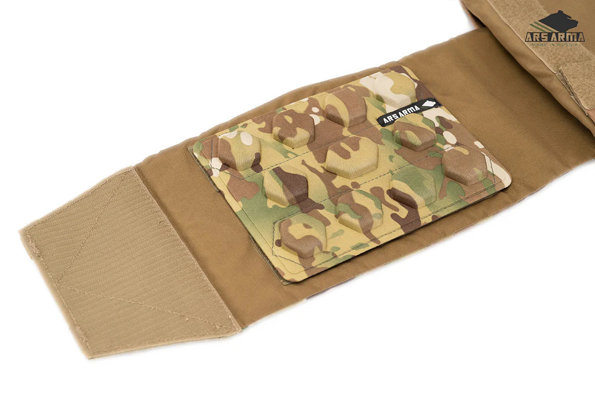Close-up of the Russian Ars Arma HEXS Cummerbund Pads (Pair) - Multicam, featuring camouflage pattern and durable fabric designed for tactical use.