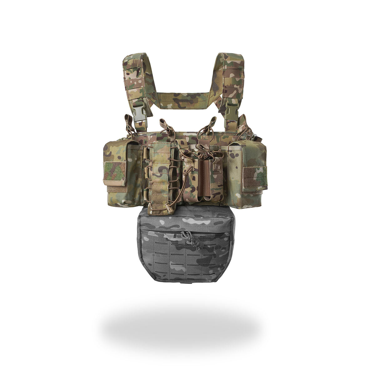 Russian MBC Gear - "D3" Tactical Chest Rig - Multicam displayed isolated, showing durable construction and multiple pouches for carrying equipment in a camouflage pattern.