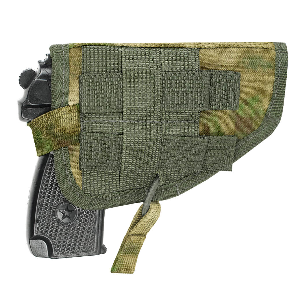 Russian Viking Gear Open Holster for PM - Moss Camo holding a pistol with textured grip and star emblem, featuring durable moss camo fabric and reinforced webbing.