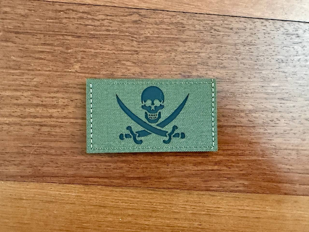 Russian Pirate Skull Patch - Army Green Background - Military Badge
