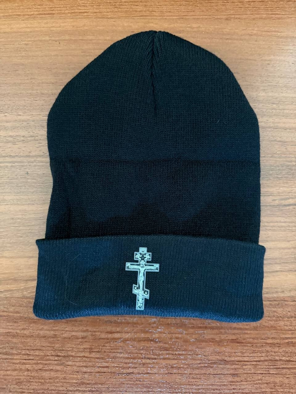 Black Knit Beanie with Orthodox Cross Embroidery