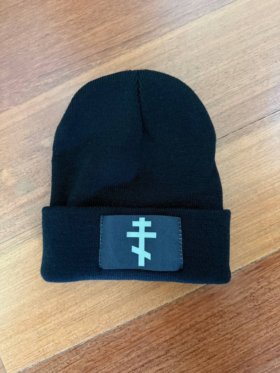 Black Knit Beanie Hat - Orthodox Cap with Cross Emblem - Tanki Store hat (Image 1)