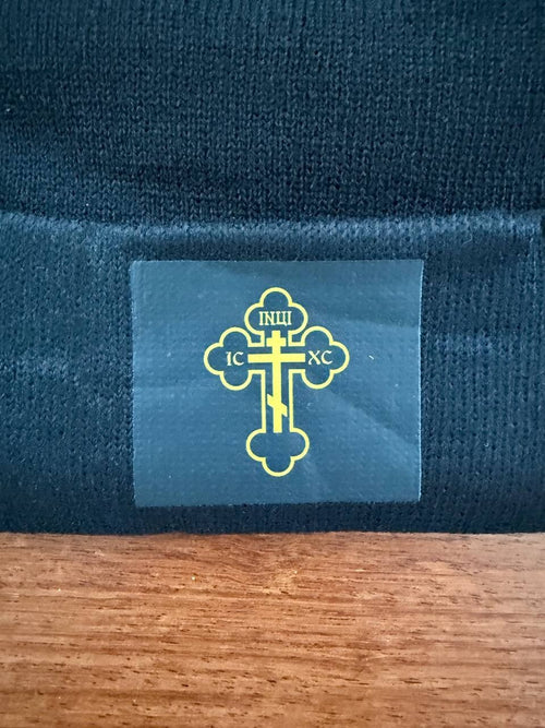 Black Knit Beanie Hat - Orthodox Cap with Cross Emblem