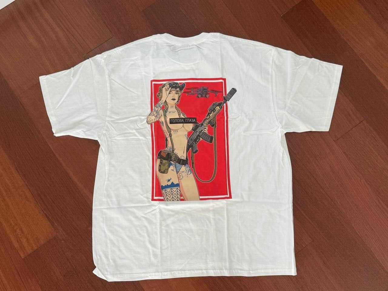 White T-shirt with Rifle Girl Back Print Sizes: S by Korps Vyshivaniya