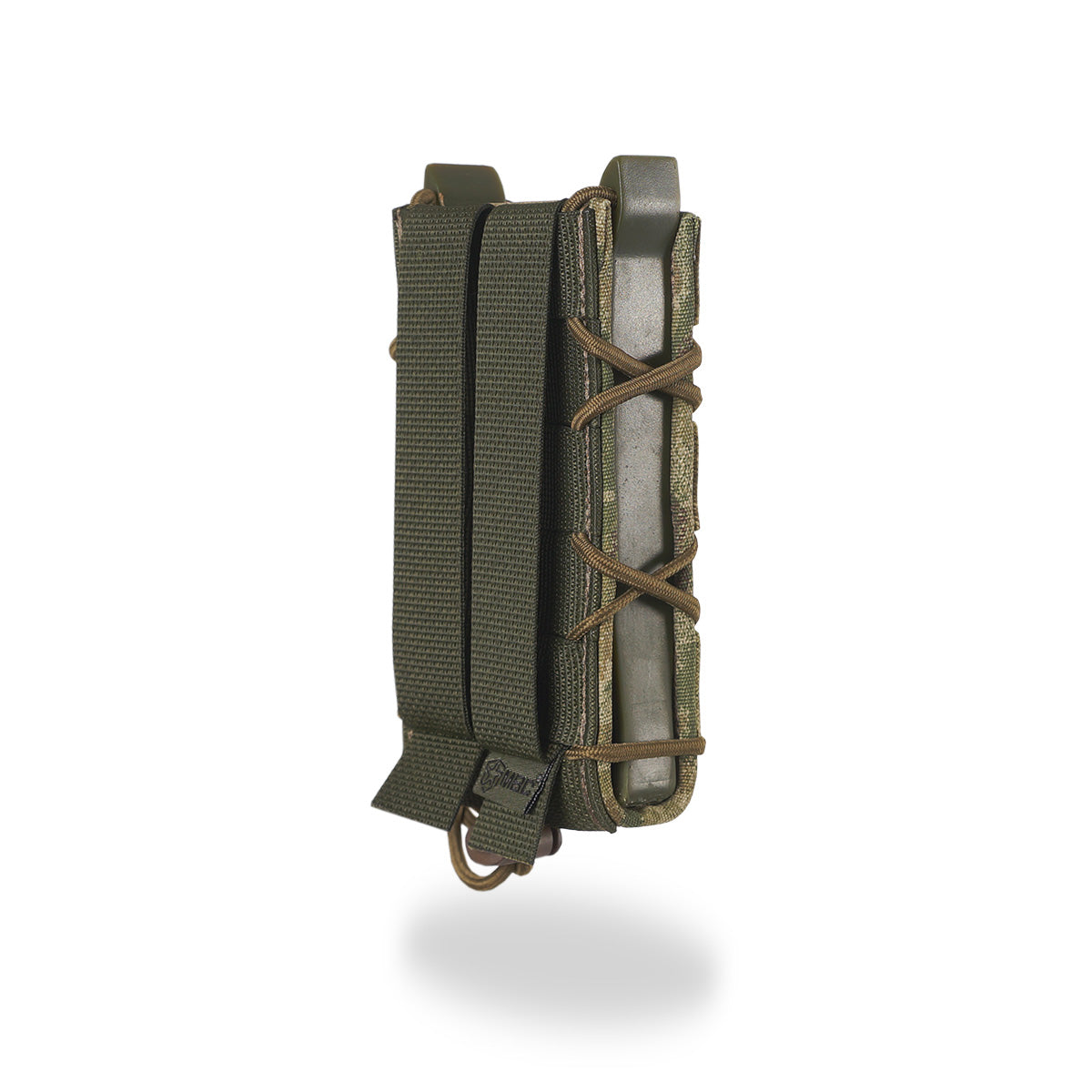 Russian MBC Gear Elongated Open-Top Rifle Magazine Pouch - A-TACS FG featuring durable webbing and elastic retention cords designed for secure carry of rifle magazines.