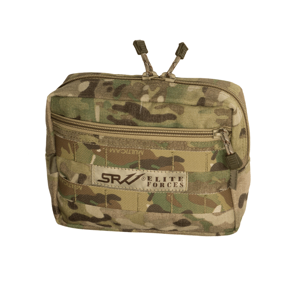 Compact tactical pouch in MultiCam pattern with dual zipper pulls and front zippered compartment, designed as the Russian SRVV V-2 Horizontal Utility Pouch - MultiCam for versatile utility and organization.