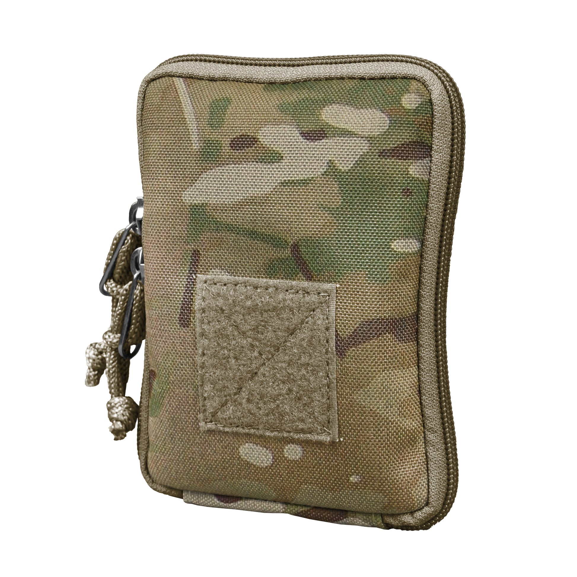 Camouflage pouch with a square space for a patch on a white background