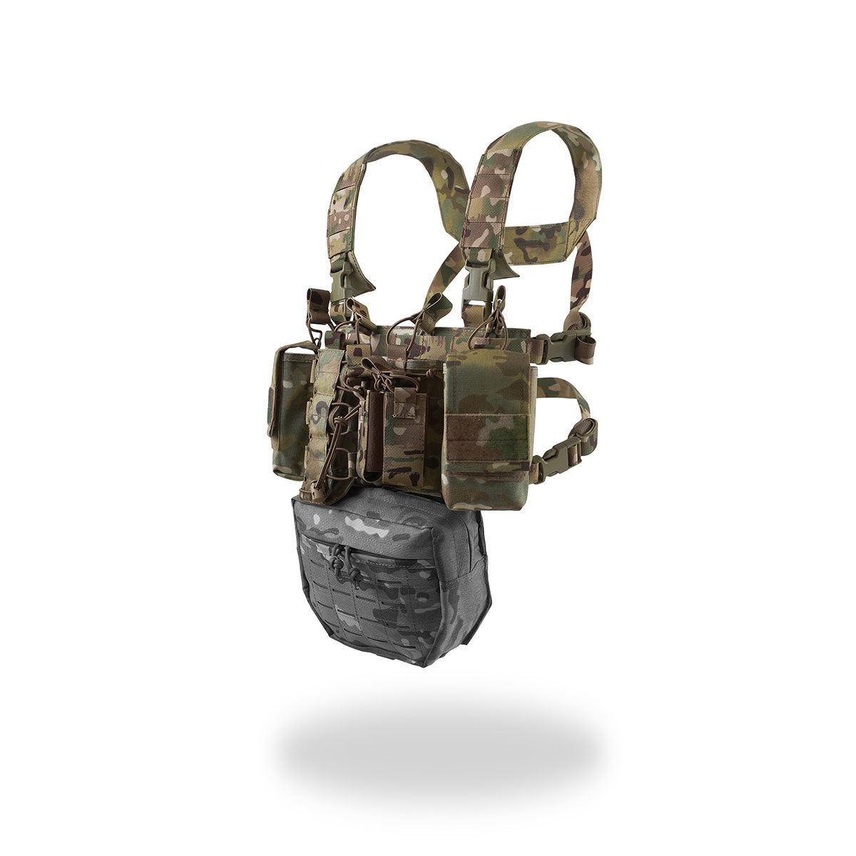Russian MBC Gear - "D3" Tactical Chest Rig - Multicam designed with adjustable straps, multiple pouches, and a detachable black utility pouch for versatile Russian surplus tactical use.