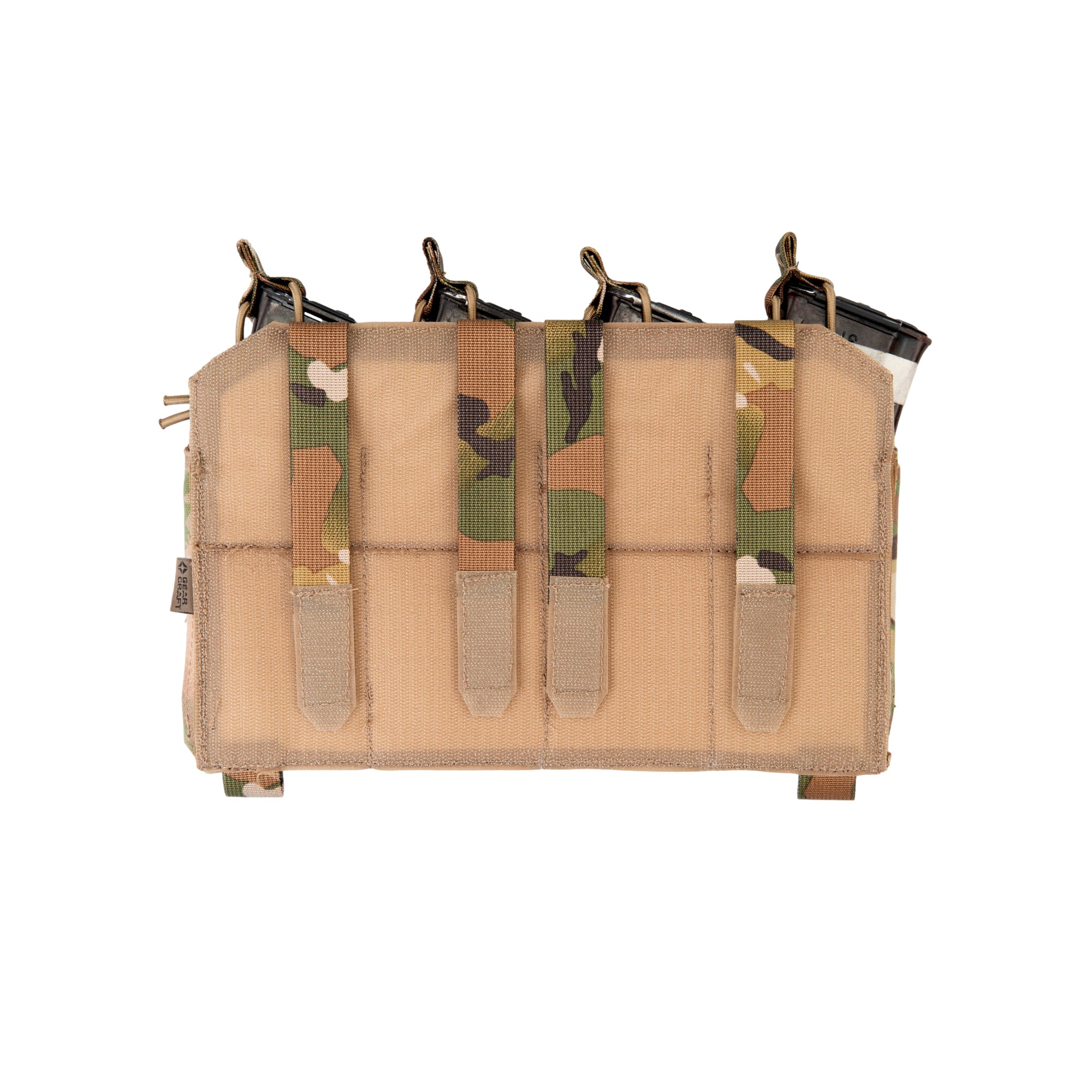 Russian Gear Craft HARD Quad AK/AR Magazine Placard - Multicam in camouflage pattern, designed to securely hold four rifle magazines with durable straps and reinforced stitching.