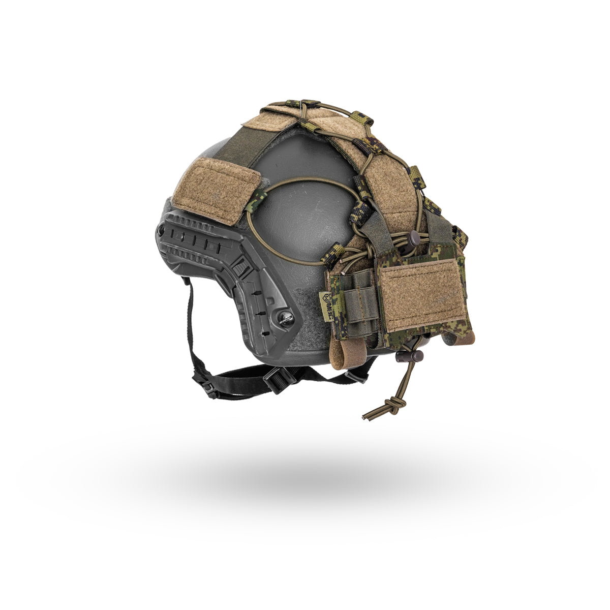Side view of a tactical helmet fitted with the Russian MBC Gear - Universal Helmet Module - EMR (Digital Flora) featuring digital flora camouflage and accessory attachment points.