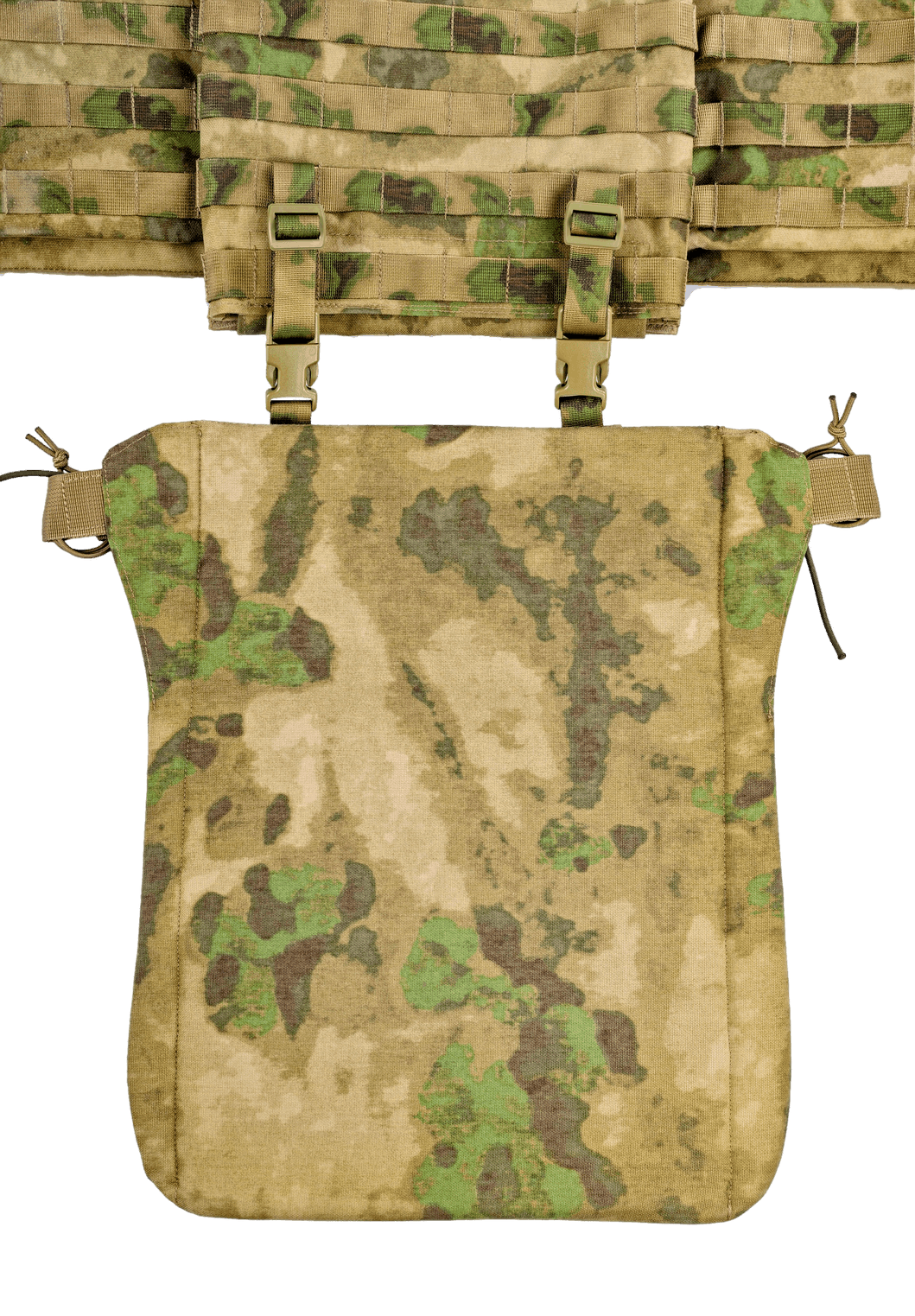 Russian Gear Craft - MK2 Sitting Pad (Pyatitochechnik) - A-TACS FG camouflage sitting pad attached to tactical gear with MOLLE straps, designed for outdoor use and Russian surplus enthusiasts.