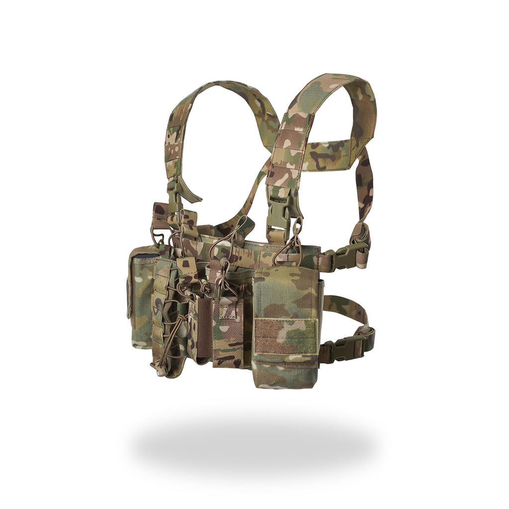 Russian MBC Gear - "D3" Tactical Chest Rig - Multicam shown in a camouflage pattern with adjustable straps and multiple pouches for tactical use, representing Russian surplus gear.