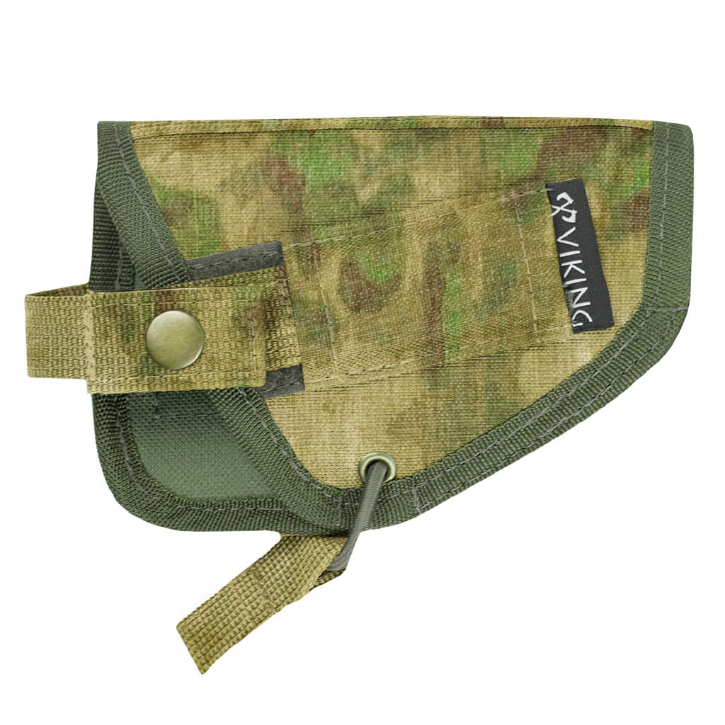 Compact Moss Camo open holster with secure snap strap, featuring durable fabric construction and Russian Viking Gear label, designed for PM pistols. Russian Viking Gear Open Holster for PM - Moss Camo.