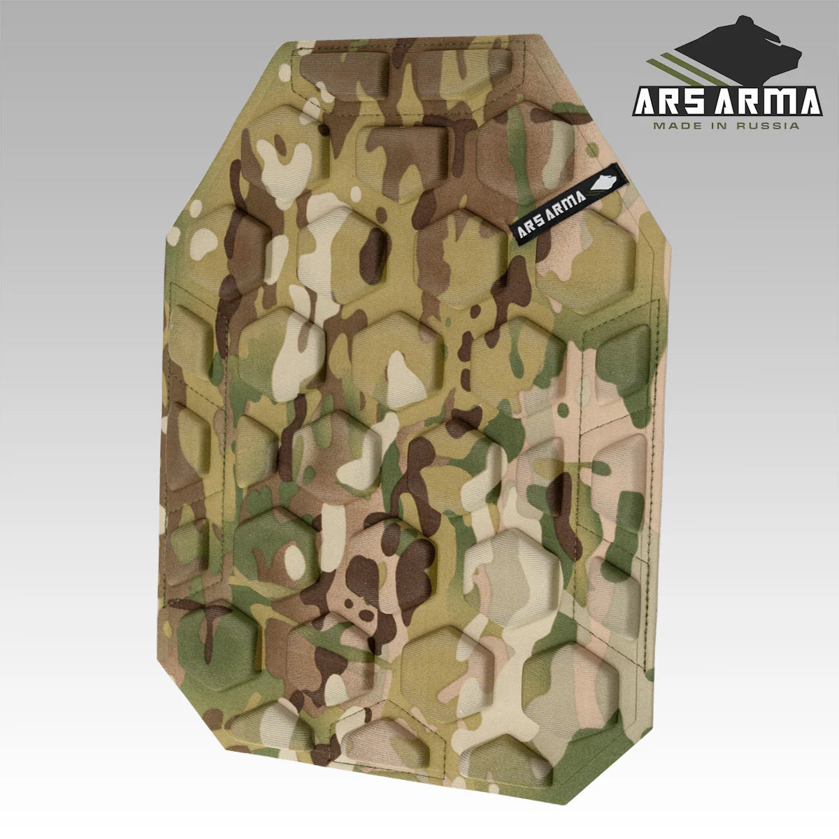 Russian Ars Arma HEXS Chest Pads (Pair) - Multicam in hexagonal pattern camouflage, designed for tactical use with durable material, featuring subtle brand tag and made in Russia.