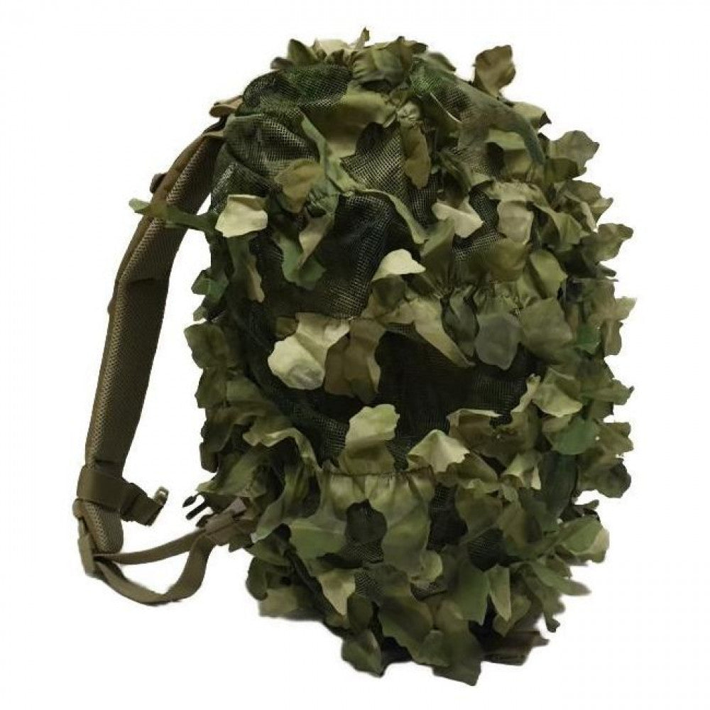Camouflage backpack cover with greenery on a white background