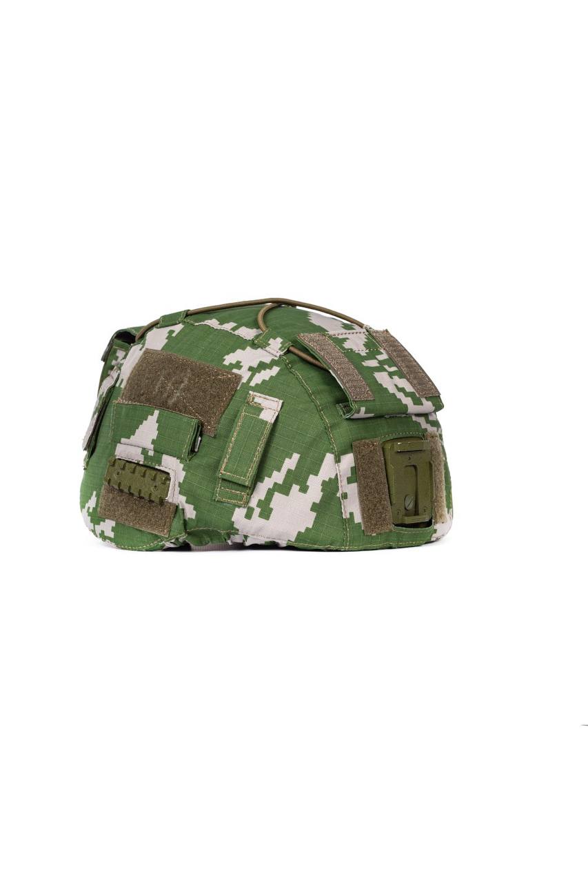 Russian Berezka/KLMK Helmet Cover for 6b47 Ratnik Helmet - Size 3 in green and white camouflage pattern with attachment points and velcro patches, designed for Russian surplus military helmets.