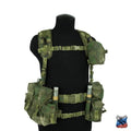 Green tactical vest with multiple pouches on a mannequin against a white background