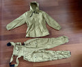 Russian ANA Gorka 1 Military Suit - Size 176-96-84 laid flat on wooden floor, featuring a tan hooded jacket and matching cargo pants with suspenders, classic Russian surplus design.