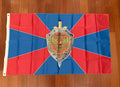 Russian Federal Security Service (FSB) Flag - 150x90cm featuring a red and blue background with the FSB emblem in the center, displayed on a wooden floor.