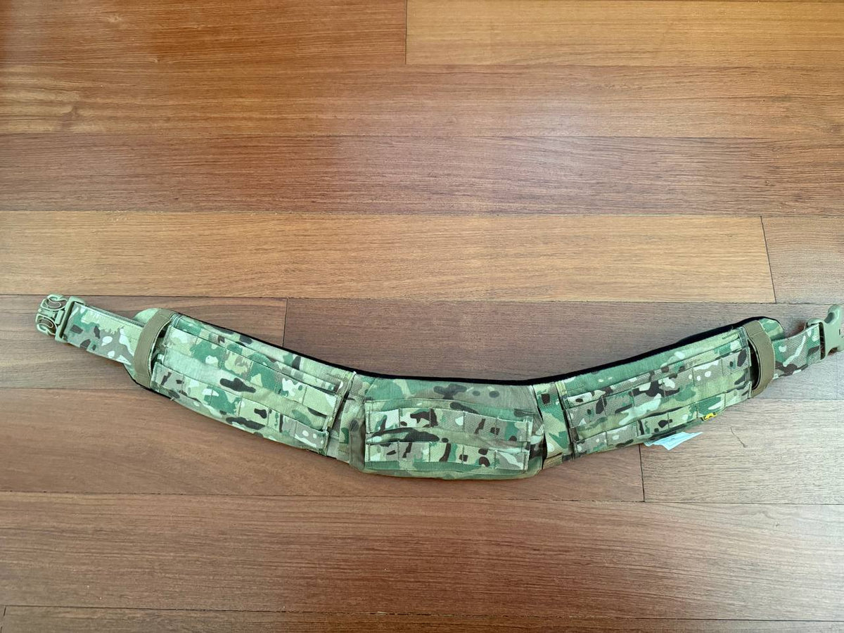Russian ANA Tactical - "Slim" Tactical Belt - Multicam - Size M laid out on wooden floor, featuring durable tactical design with multiple pouches in camouflage pattern from Russian surplus.