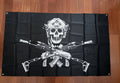 Russian Tactical "Jolly Roger" Flag - 150x90cm featuring a black background with a skull wearing a military helmet and crossed assault rifles in front, symbolizing tactical and Russian surplus themes.