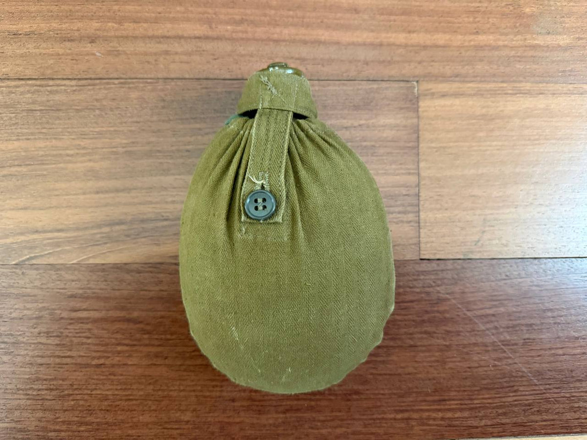 Russian Soviet Army Aluminum Water Flask (Canteen) with Canvas Cover in olive green, displayed on a wooden surface, showcasing vintage Russian surplus military gear.