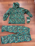 Russian NPO-SM "Sklon" Water-resistant/Windproof Suit – Green Podlesok Color camouflage jacket and pants laid flat on a wooden floor, highlighting the pattern and fabric texture.