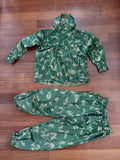 Russian SSO "Sumrak" Suit – Gold Dubok Color - Size 54-5 displayed on a wooden floor, featuring a camouflaged jacket with hood and matching pants, showcasing Russian surplus military apparel.
