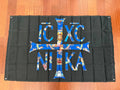 Russian Orthodox "IC XC NIKA" Flag - 150x90cm featuring a black background with a large cross and letters filled with traditional religious iconography.