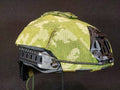 Side view of a tactical Airframe helmet with a camouflaged Russian KZS Light Helmet Cover for Airframe Helmets - Size M/L, featuring integrated mounting rails and accessory attachments.