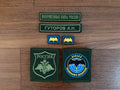 Set of six military patches including two rectangular name and unit patches, two small bat emblem patches, and two larger detailed patches with Russian text in green and blue tones, part of the Russian GRU Spetsnaz (Random Russian Names) - Military Patch Set.