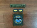 Russian GRU Spetsnaz (Random Russian Names) - Military Patch Set featuring green name patch and several insignia with bat and globe designs on wooden surface, Russian surplus style.