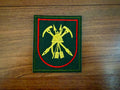 Russian 55th Separate Mountain Motorized Rifle Brigade - Military Patch featuring crossed yellow weapons and helmet on a dark green background with red border, Russian surplus style.