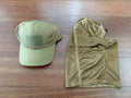 Russian Tactical Cap & Breathable Balaclava Set - Tan Color displayed on a wooden surface, featuring a tan tactical cap with Velcro patch and a matching lightweight breathable balaclava.