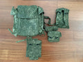 Russian Army RD-54 VDV Airborne Paratrooper Backpack - EMR Digital Flora with multiple matching detachable pouches laid out on a wooden floor, featuring a digital camouflage pattern.