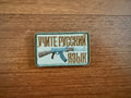 The Learn Russian Language White and Gold Patch - Military Badge by Tanki Store features an assault rifle and gold Russian text on a rectangular design, perfect for stylish patch collectors.