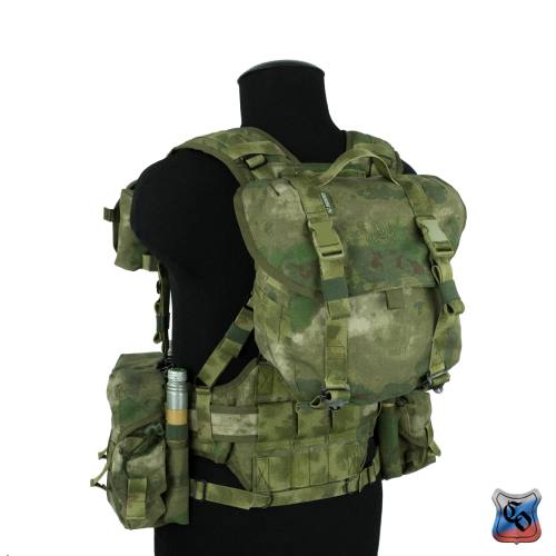 Green camouflage tactical vest on a mannequin against a white background