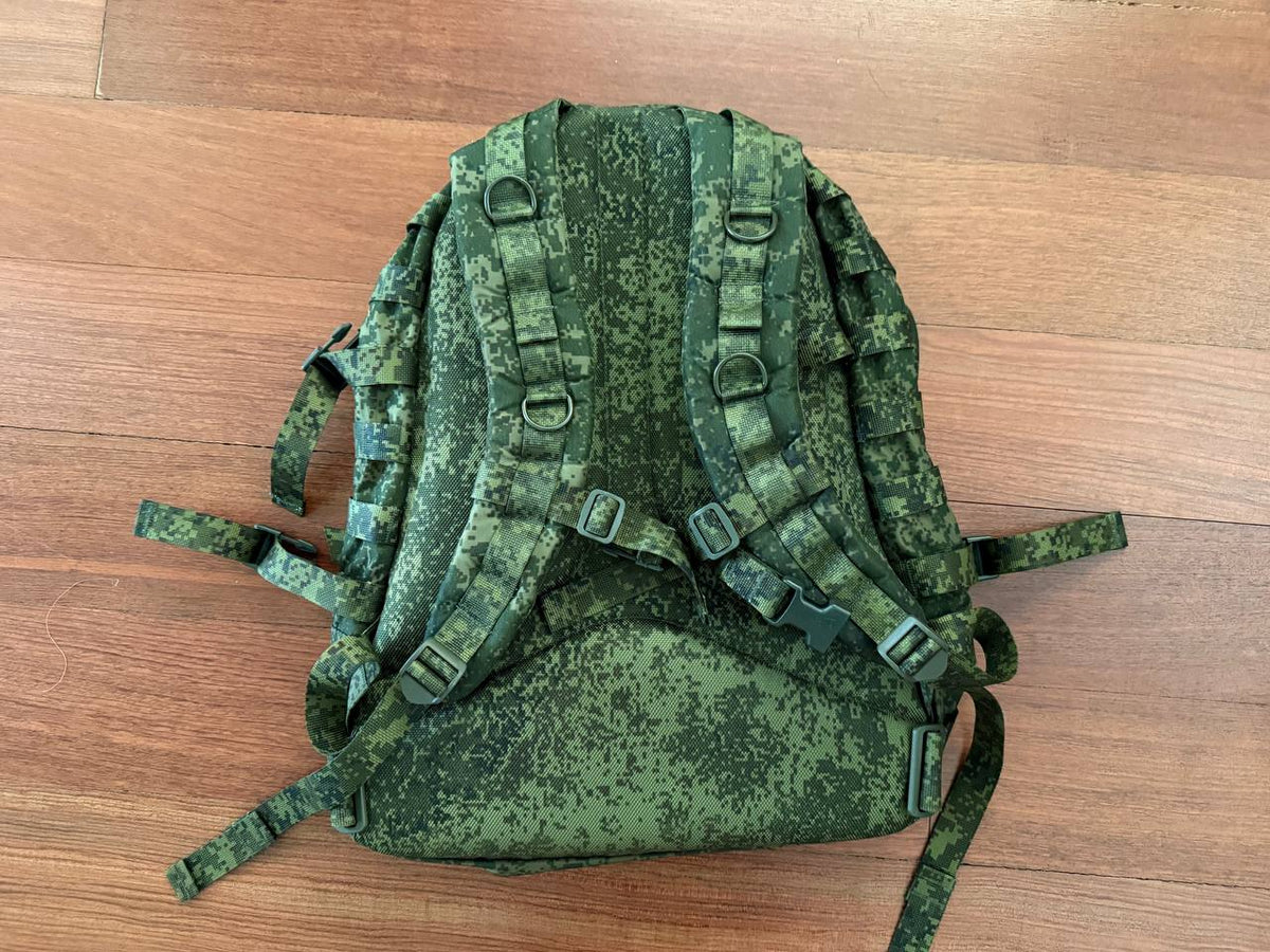 Russian Tehkinkom Big Assault Backpack - EMR Digital Flora shown from the back with padded shoulder straps and adjustable fastening straps in Russian surplus camouflage pattern.
