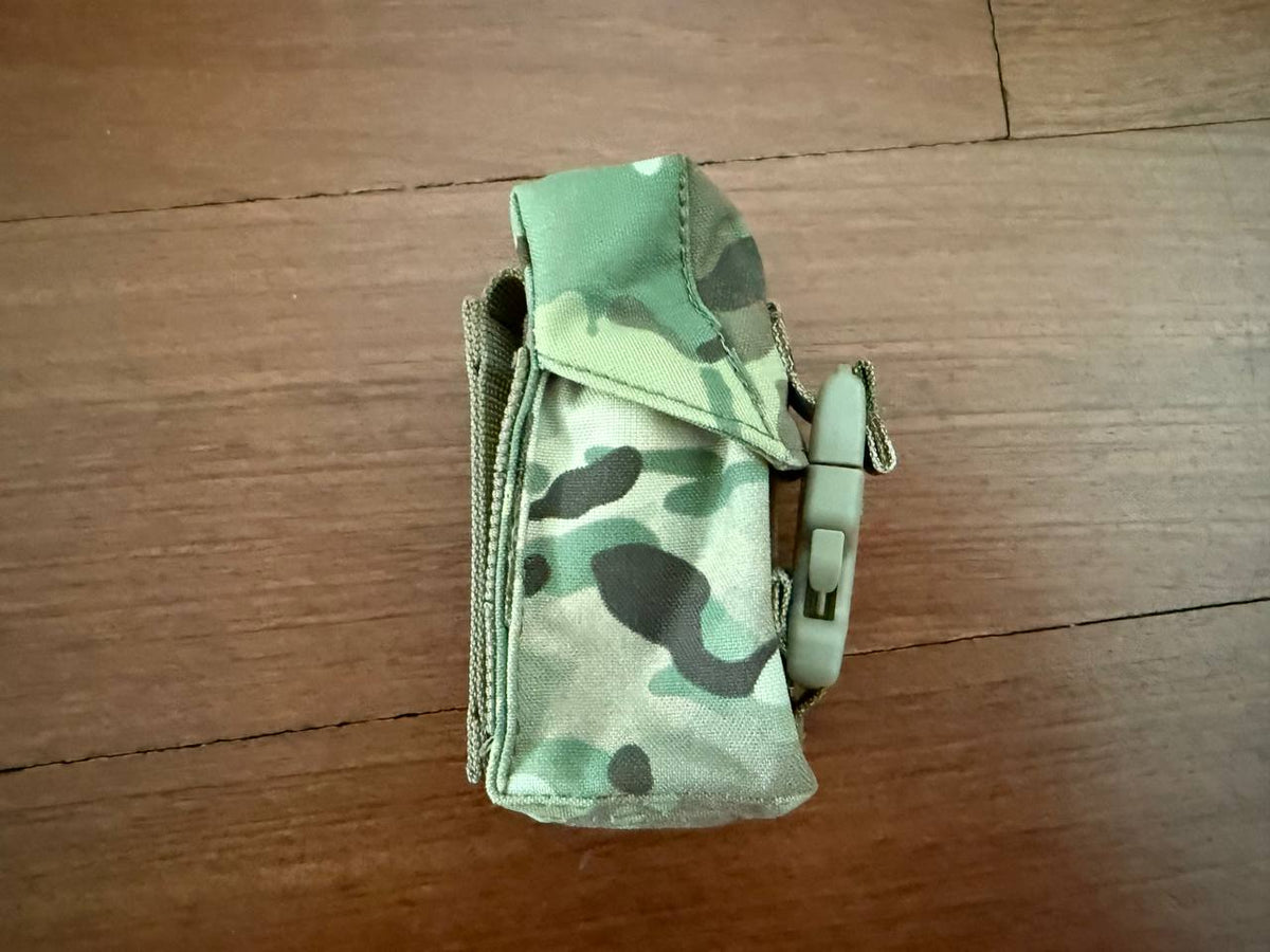 Compact tactical pouch in Multicam pattern designed for holding grenades, featuring secure flap and buckle closure, identified as Russian Gear Craft MK5 Grenade Pouch - Multicam.