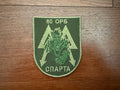 Russian 80th Independent Guards Sparta Battalion - Military Patch featuring a green embroidered dragon head with arrows and Cyrillic text on an olive background, displayed on wood.