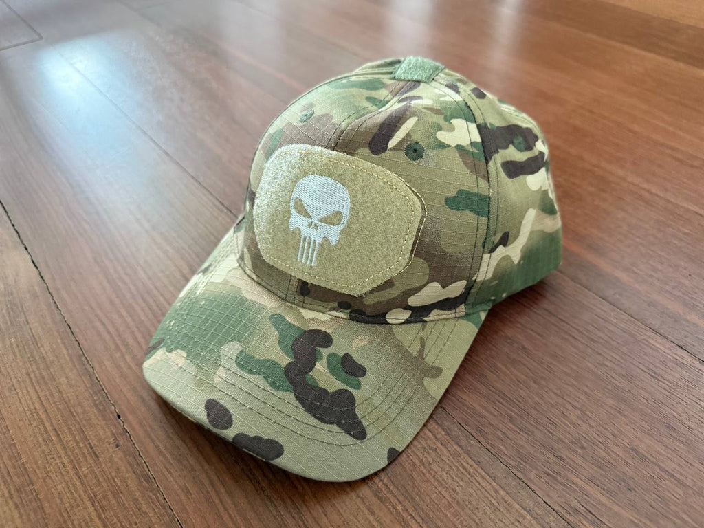 Tactical Cap - Multicam Camo - White Skull Patch Design