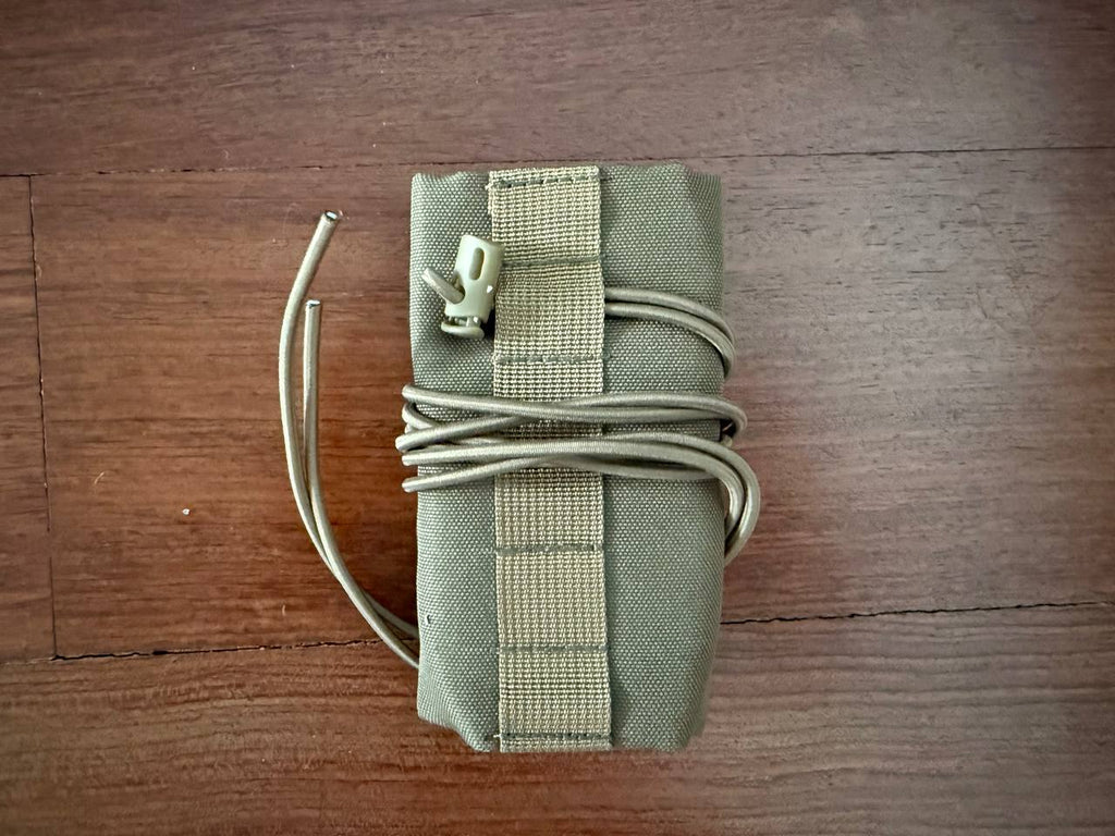 Russian Suppressor Cover for Tactical Silencers - 14cm Length - Tan, made from durable fabric with adjustable cord and clip, designed for Russian surplus tactical use.