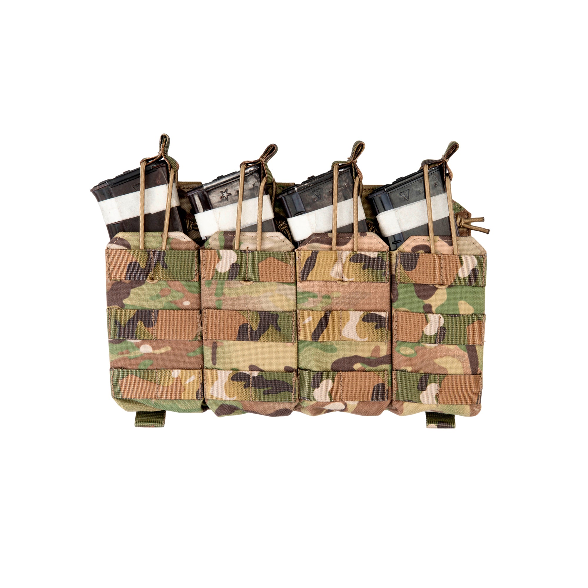 Russian Gear Craft HARD Quad AK/AR Magazine Placard - Multicam holding four rifle magazines in a durable Multicam camouflage pattern designed for tactical use.