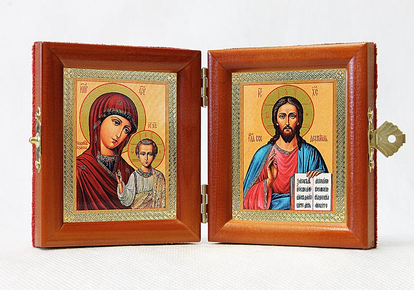 Russian Orthodox Folding Icon Dyptich 3.15x3.55in/6.3x3.55in "Jesus Christ The Pantocrator and Theotokos, Our Lady Of Kazan"