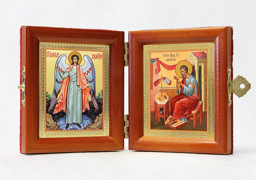 Russian Orthodox Folding Icon Dyptich 3.15x3.55in/6.3x3.55in "Saint Matthew the Apostle and Angel the Keeper"