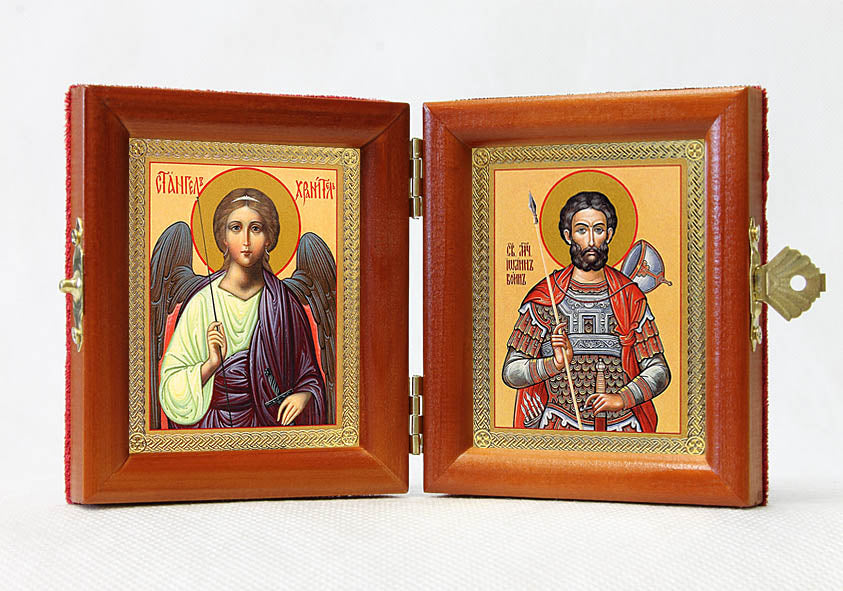 Russian Orthodox Folding Icon Dyptich 3.15x3.55in/6.3x3.55in "Saint Martyr John the Warrior and Angel the Keeper"