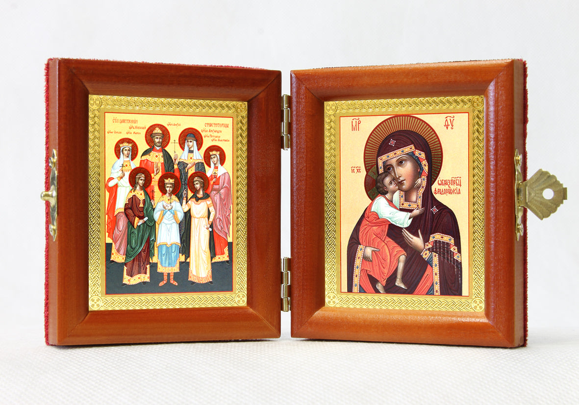 Russian Orthodox Folding Icon Dyptich 3.15x3.55in/6.3x3.55in "Saint Emperor Nicholas II Romanov and His Family, and Theotokos, Our Lady Of Theodore (Feodorovskaya)"