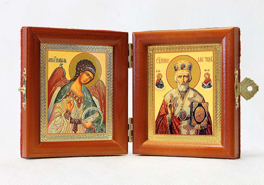 Russian Orthodox Folding Icon Dyptich 3.15x3.55in/6.3x3.55in "Saint Nicholas The Wonderworker (Nicholas of Myra) and Angel the Keeper"
