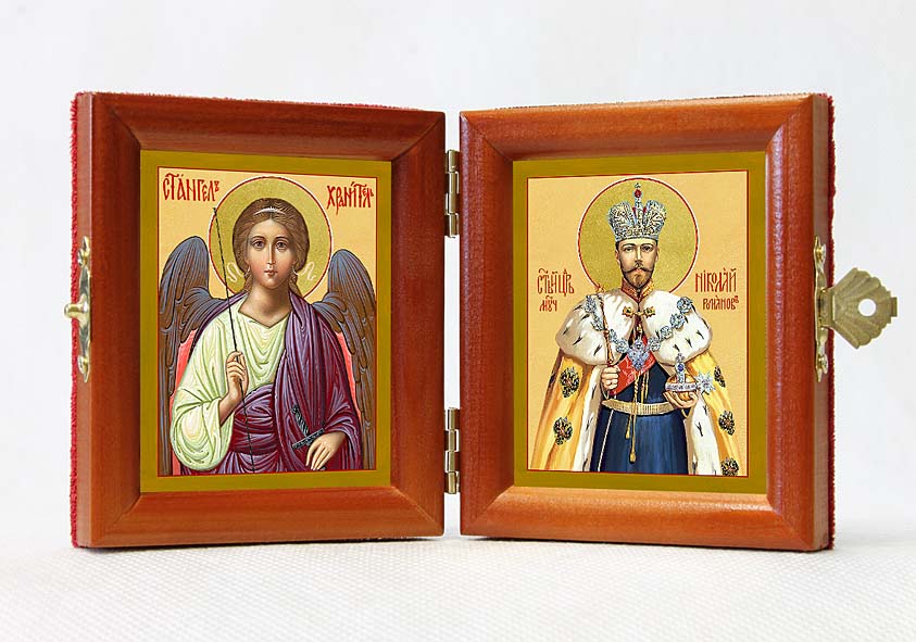 Russian Orthodox Folding Icon Dyptich 3.15x3.55in/6.3x3.55in "Saint Emperor Nicholas II Romanov and Angel the Keeper"